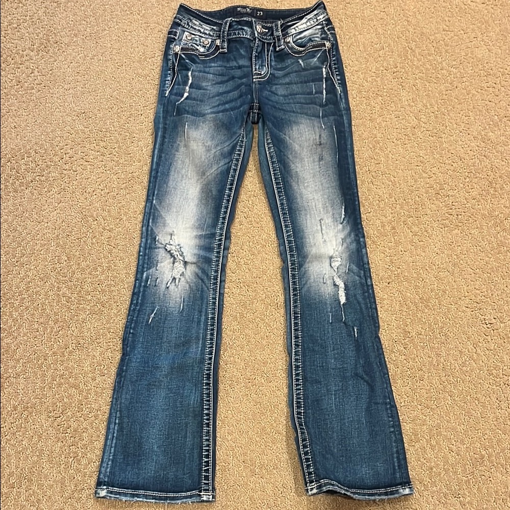 Miss Me Blue Boot Cut Jeans with Distressed Details